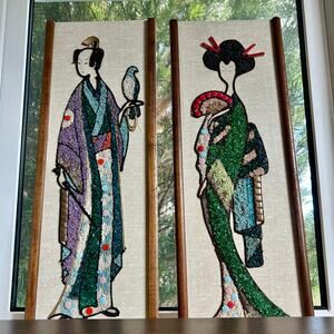 Mid-Century Gravel Art Wall Hangings – Asian Figures, 1960s Vintage Pair